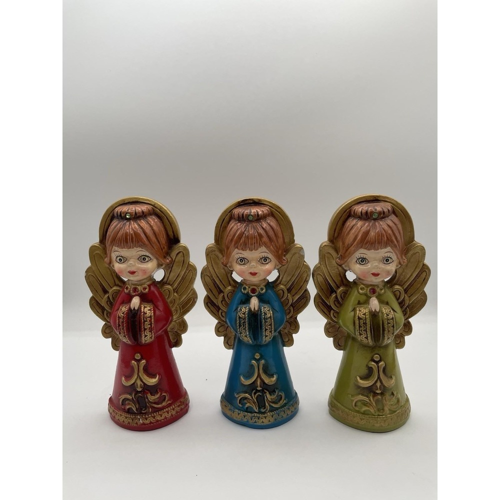 Vintage Set of 3 ARDCO Christmas Praying Angels Paper Mache Big Eye Rhinestones